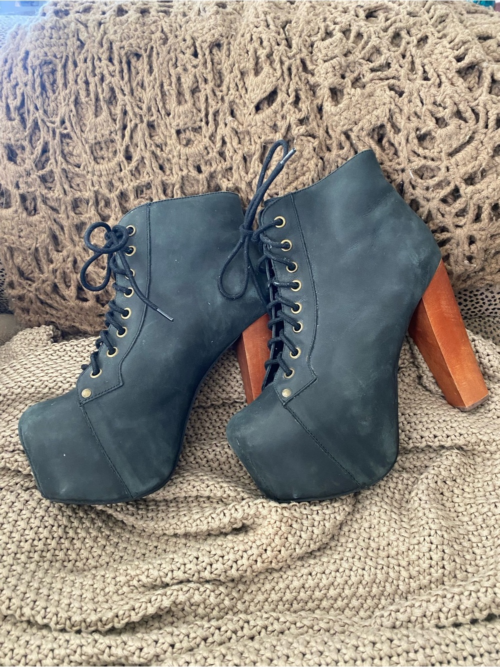 Jeffrey Campbell Lita black leather platform booties 8